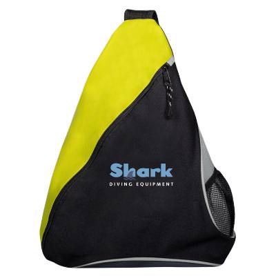 Yellow slingpack with full-color logo.