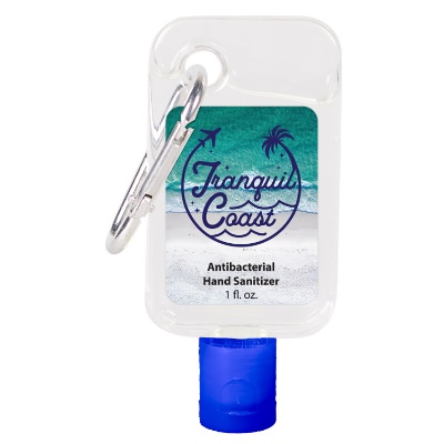 Blue plastic 1 ounce hand sanitizer with colored carabiner and a customizable logo.