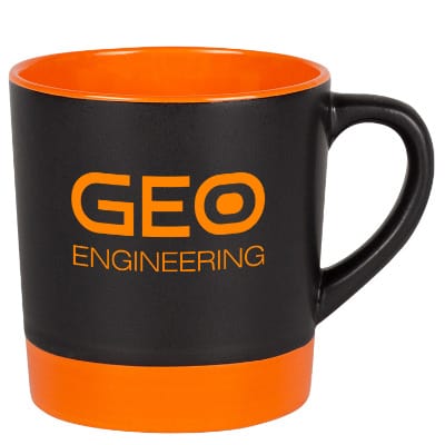 Ceramic black with orange coffee mug with c-handle and custom print in 12 ounces.
