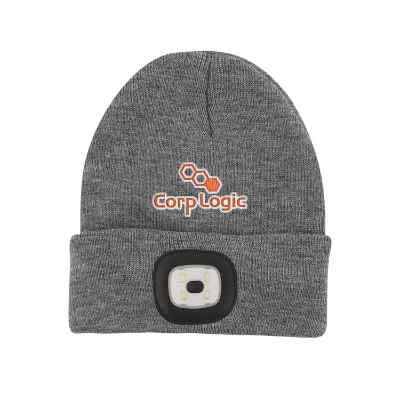 Customized embroidered gray beanie with light.