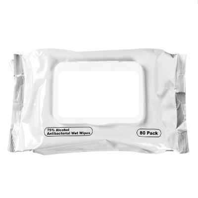 Blank white antibacterial wet wipe packet available in bulk.