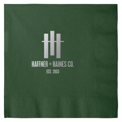 3Ply tissue hunter green dinner napkin with foil custom branding.