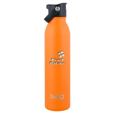 Matte orange stainless bottle with engraved imprint.