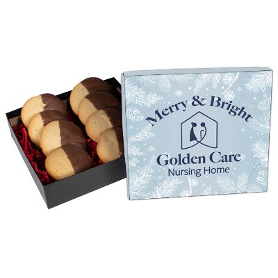 White branded chocolate dipped butter cookies in full color gift box.