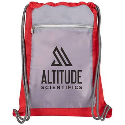 Polyester red flip drawstring with personalized logo.