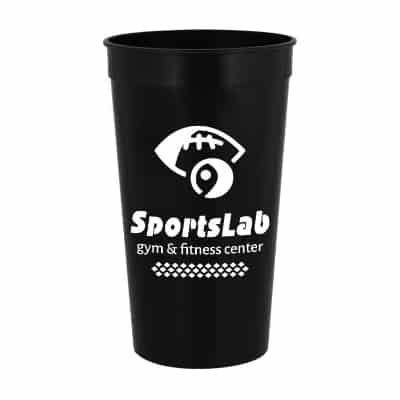 Plastic yellow stadium cup with custom imprint in 32 ounces.