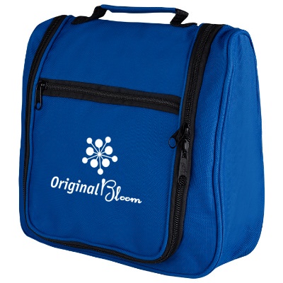 Polyester royal blue personal toiletry bag with imprinting.