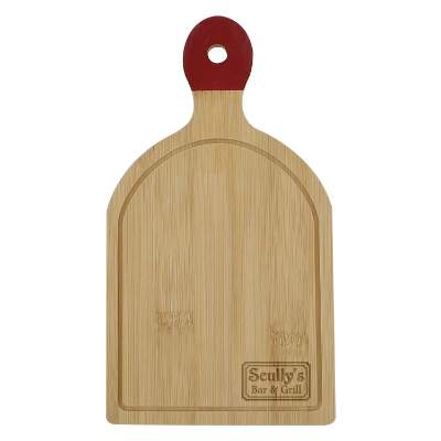 Rhein bamboo cutting board with laser engraved promotional imprint.