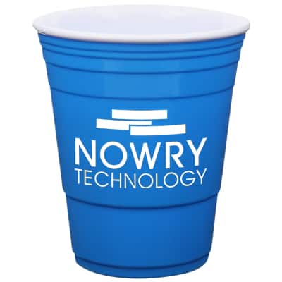 Plastic blue cup with custom imprint in 16 ounces.