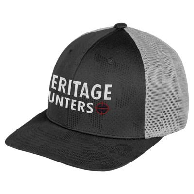 Black and gray custom embroidered trucker cap.