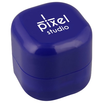 Plastic blue cube lip balm with logoed imprint.