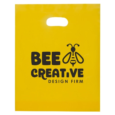 Plastic yellow frosted die cut bag with personalized imprint.