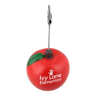 Red polyurethane apple stress ball with metal memo clip with custom promotional imprint.