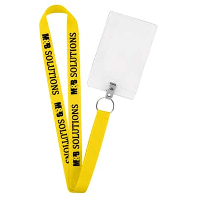 3/4 inch yellow grosgrain polyester lanyard with custom imprint, silver key ring and vertical ID holder.