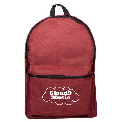 Red backpack with custom logo.