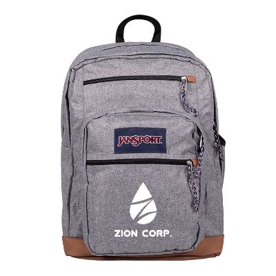 Recycled polyester gray and tan backpack with personalized logo.