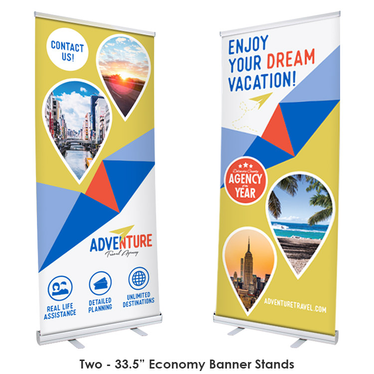 Polyester table cover, two 33.5 inch banner stands and 24 inch table top banner stand package.