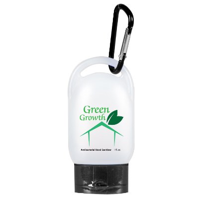 Plastic 1 ounce black compact carabiner lightly scented hand sanitizer with full color imprint.