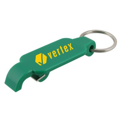 Plastic green slim keychain bottle opener with imprint.