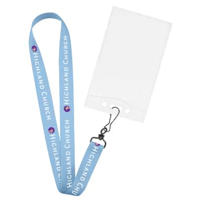 1 inch satin polyester full-color custom lanyard with black j-hook and event ID holder.