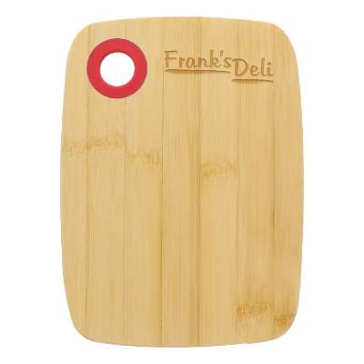 Engraved bamboo cutting board with red silicone ring with custom logo.