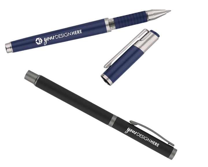 Blue promotional gel pens with white imprint and black personalized gel pens with white imprint