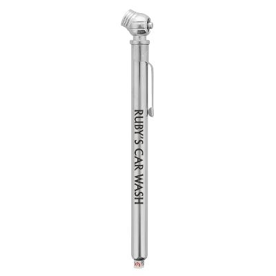 Silver metal high pressure tire gauge with personalized logo.