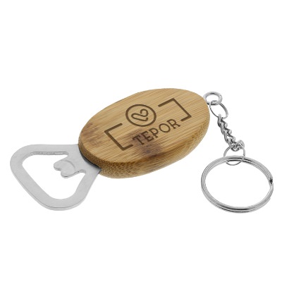 Bamboo bottle opener keychain with personalized laser engraved imprint.