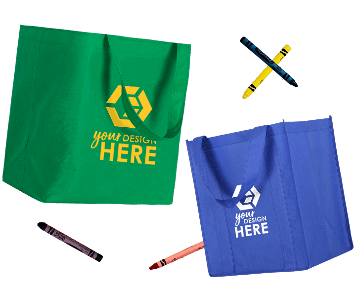 Green non-woven tote bag with yellow imprint and blue custom polypropylene bags with white imprint