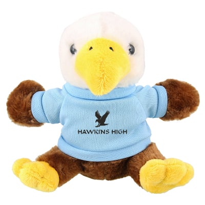 Plush and cotton eagle with light blue shirt with personalized logo.