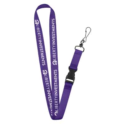3/4 inch purple satin polyester custom lanyard with buckle release and black j-hook.