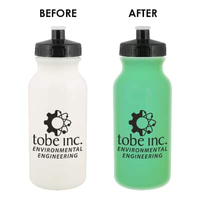 Plastic glow in the dark water bottle with push pull lid and branding in 20 ounces.