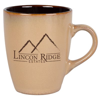 Ceramic tan coffee mug with c-handle and custom print in 12 ounces.