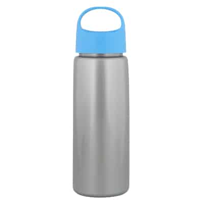 Plastic metallic silver water bottle with oval crest lid blank in 26 ounces.