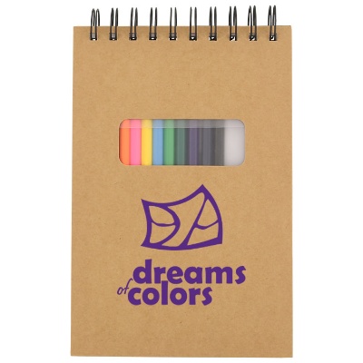 Logo on small doodling notebook with colored pencils.
