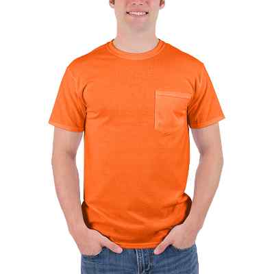 Blank safety orange active pocket t-shirt.