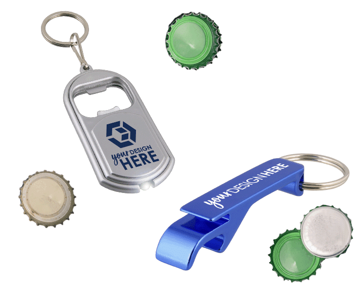 Silver custom bottle opener keychain with blue imprint and blue personalized bottle opener keychain with white imprint