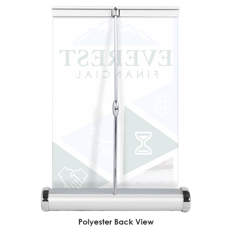 Polyester letter size table top custom banner with retractable banner stand.