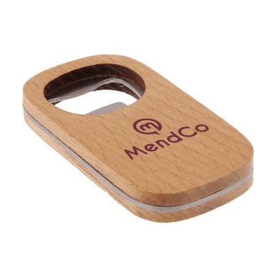 Natural bamboo bottle opener with custom one-color promotional logo.