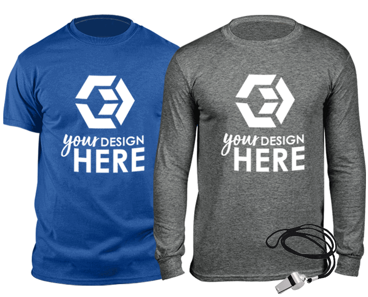 Blue custom performance shirts with white imprint and gray performance customized dri fit shirts with white imprint