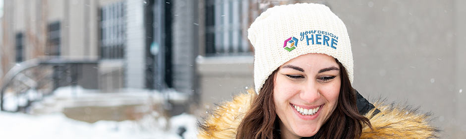 White beanie with full-color embroidered logo