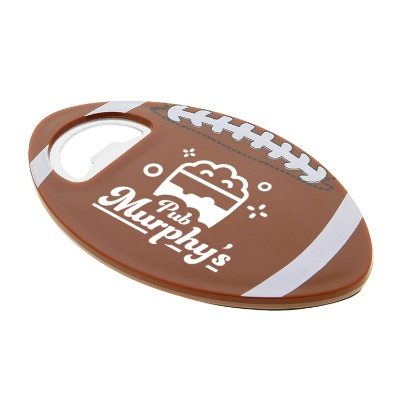 Brown plastic football bottle opener coaster with customized imprint.