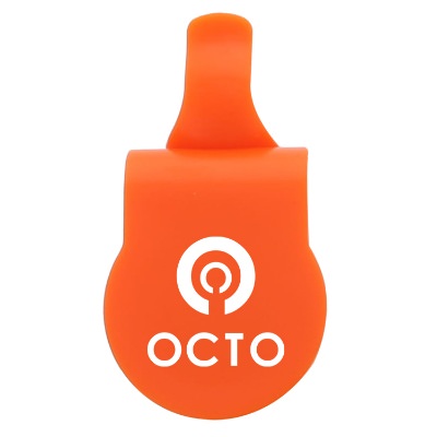 Plastic orange webcam cover with a personalized imprint.