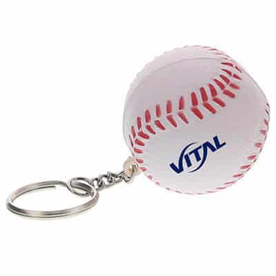 Foam baseball stress ball key ring with a printed logo.
