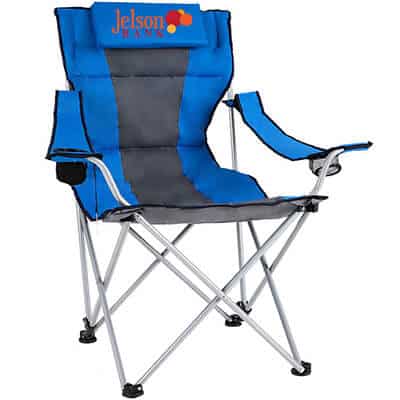 Full color branded reclining blue with charcoal stripe folding chair.