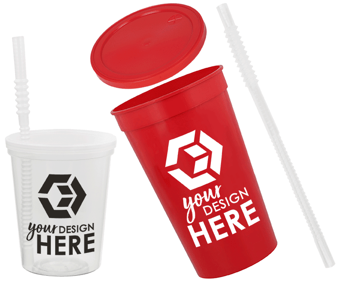 Translucent  custom cups with lids and straws and red custom cups with lids and white imprint
