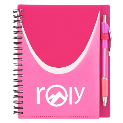Logoed pink notebook with matching pen and front pocket.