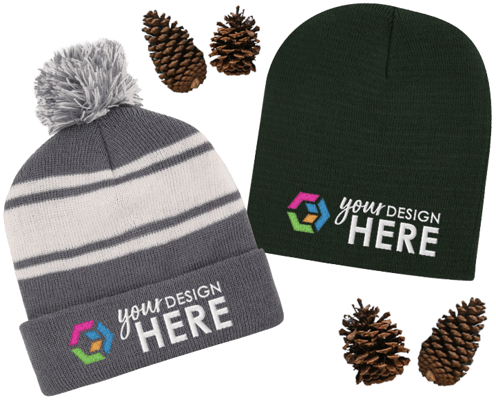 White and gray custom beanies with full-color embroidered logo and black branded beanies with full-color embroidered logo