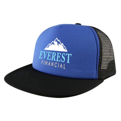 Full color royal blue with black customized trucker hat.