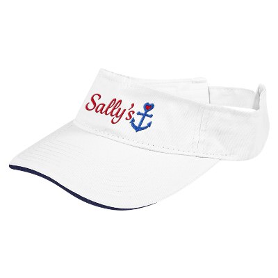 White with navy blue visor with embroidered logo.
